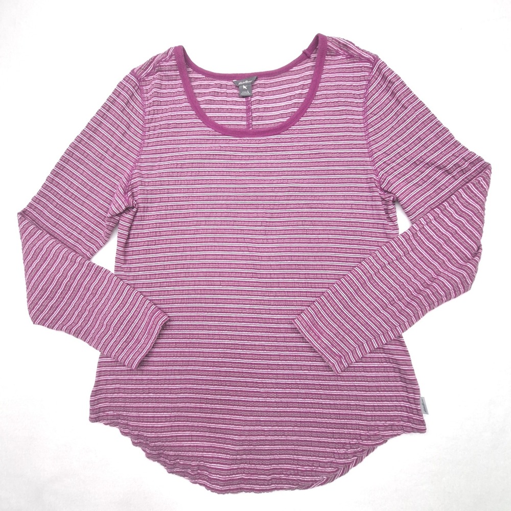 Eddie Bauer Top Womens Large Purple Striped Long Sleeve Textured Scoop Neck